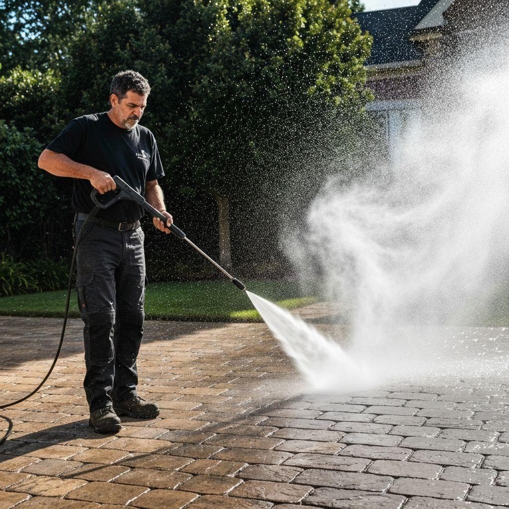 Professional power washing a stone paver driveway
